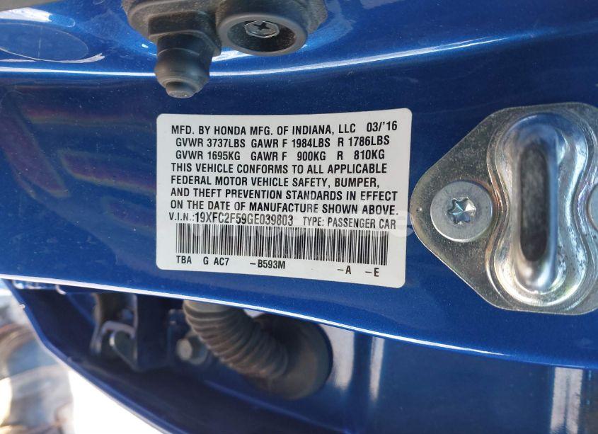 Photo 9 of 2016 Honda Civic SEDAN (VIN 19XFC2F59GE039803)