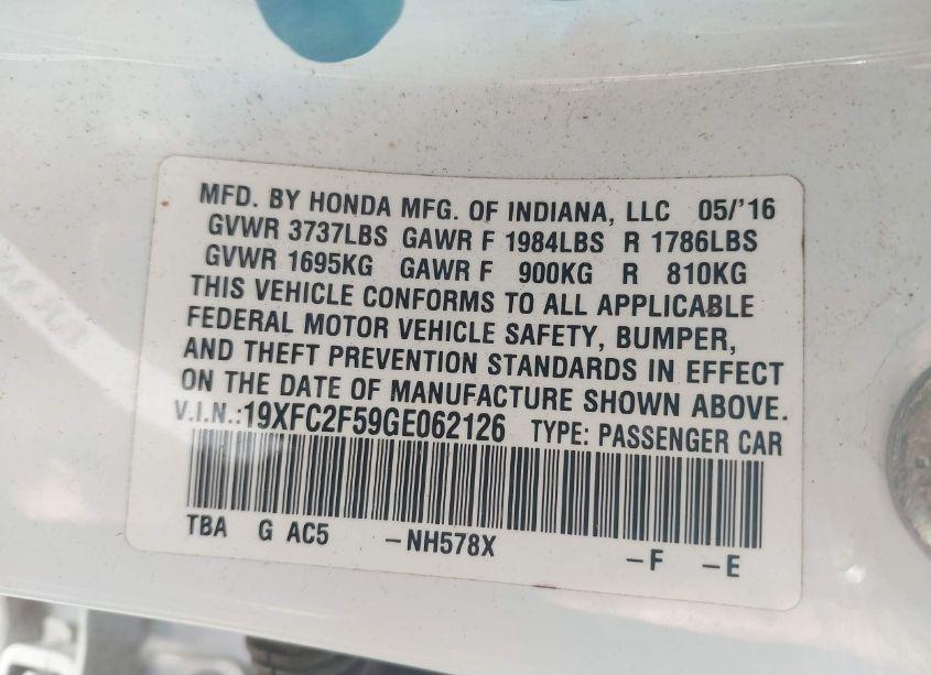 Photo 9 of 2016 Honda Civic LX (VIN 19XFC2F59GE062126)