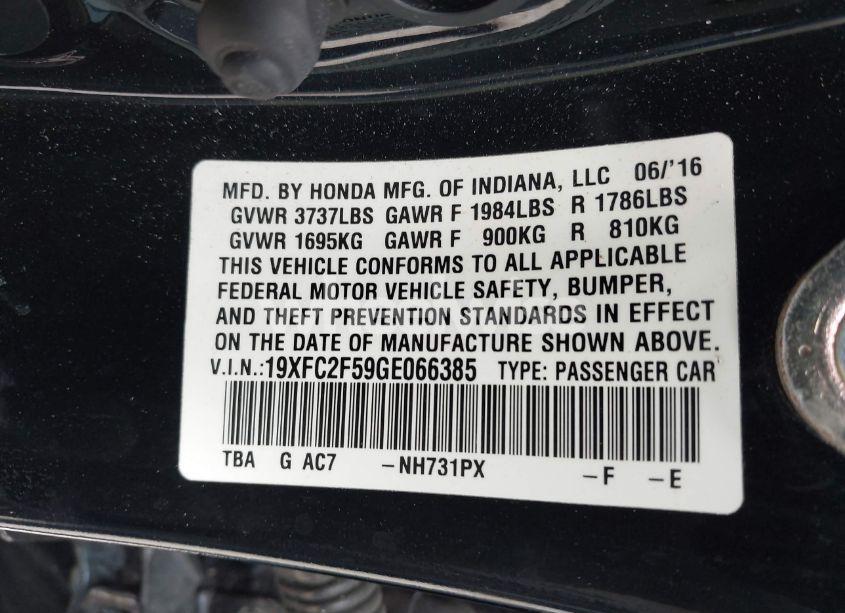 Photo 9 of 2016 Honda Civic LX (VIN 19XFC2F59GE066385)
