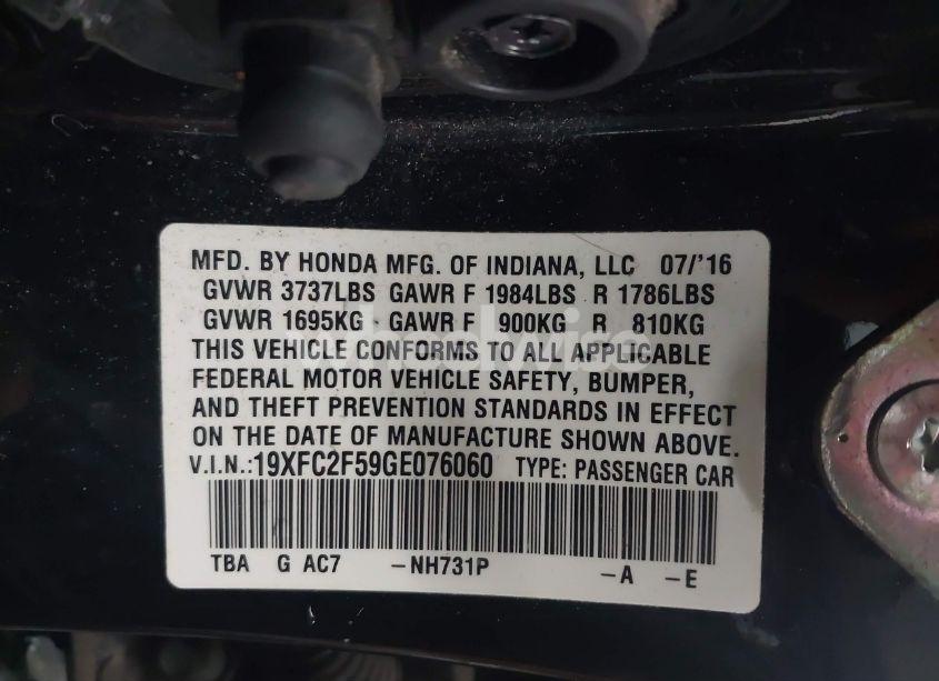 Photo 9 of 2016 Honda Civic LX (VIN 19XFC2F59GE076060)
