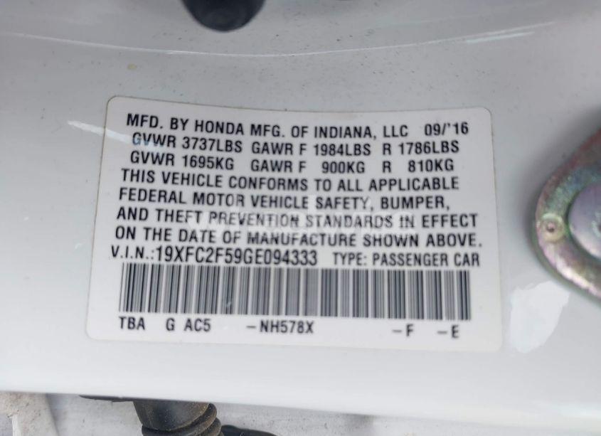 Photo 9 of 2016 Honda Civic LX (VIN 19XFC2F59GE094333)