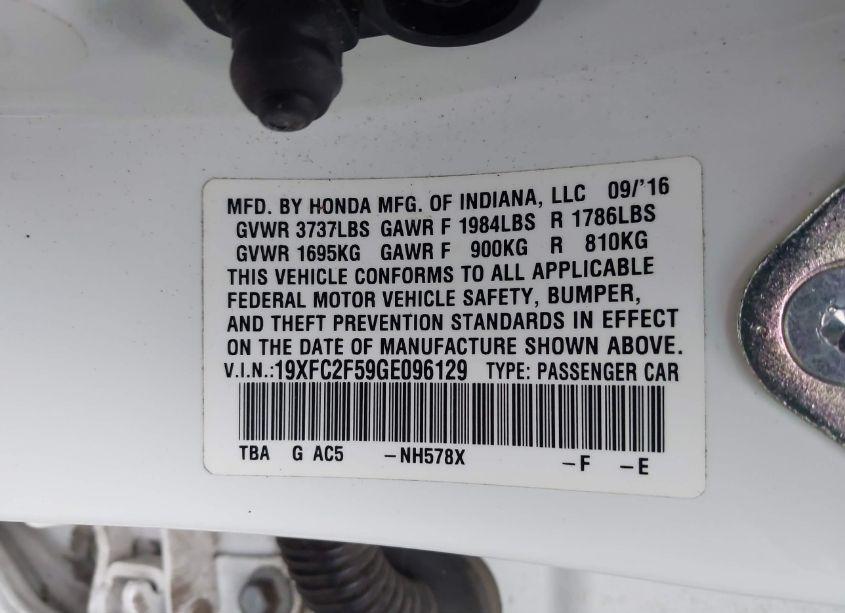 Photo 9 of 2016 Honda Civic LX (VIN 19XFC2F59GE096129)