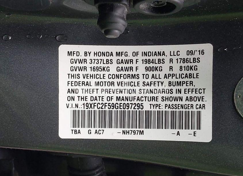 Photo 9 of 2016 Honda Civic LX (VIN 19XFC2F59GE097295)