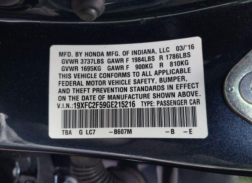 Photo 9 of 2016 Honda Civic LX (VIN 19XFC2F59GE215216)