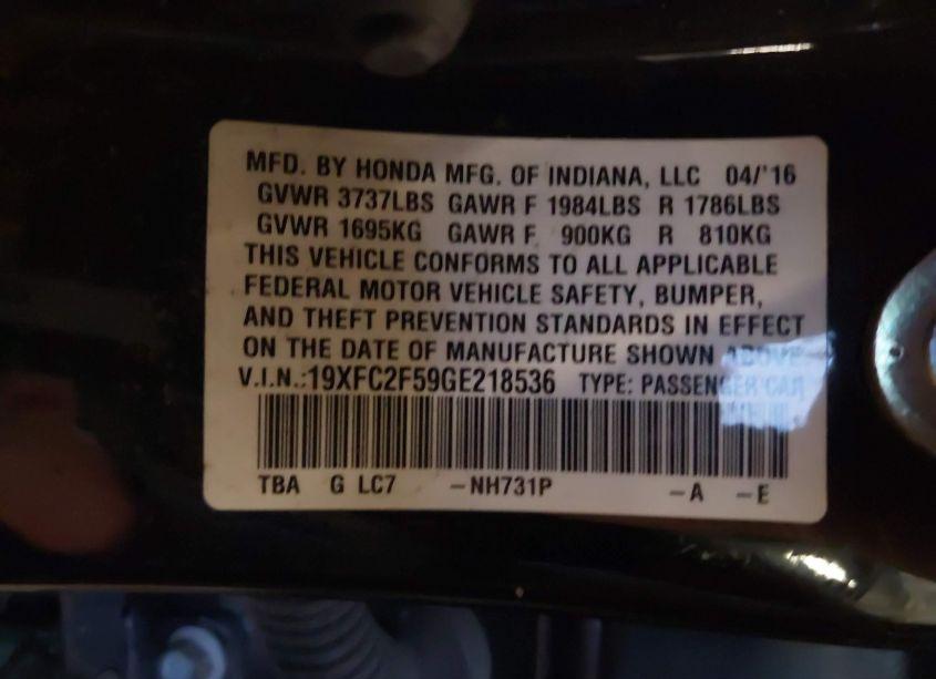 Photo 9 of 2016 Honda Civic LX (VIN 19XFC2F59GE218536)