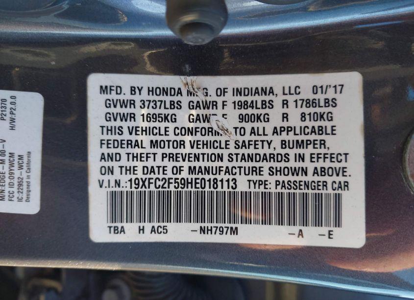 Photo 9 of 2017 Honda Civic LX (VIN 19XFC2F59HE018113)