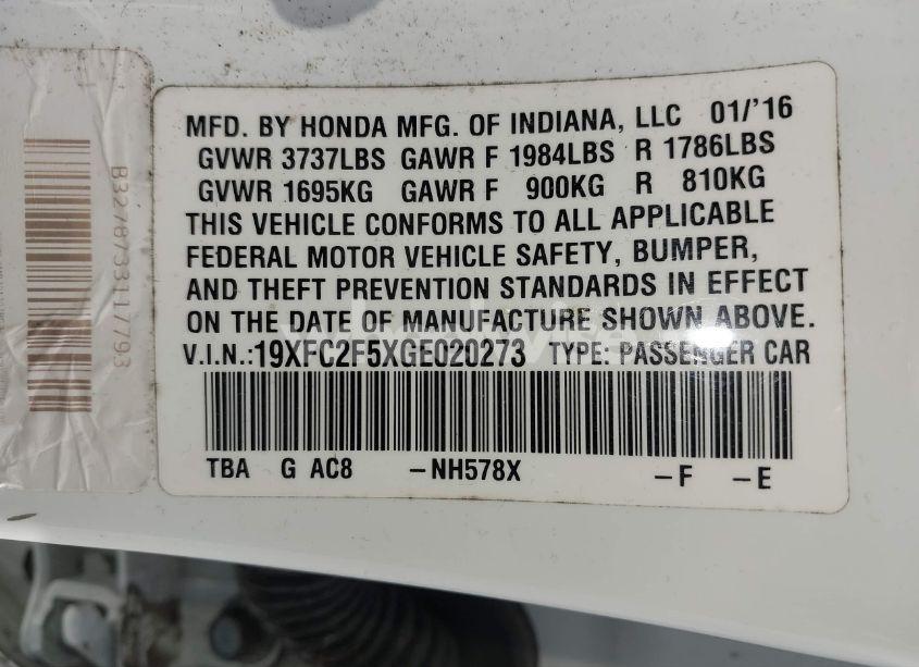 Photo 9 of 2016 Honda Civic LX (VIN 19XFC2F5XGE020273)