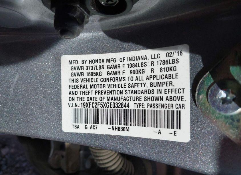 Photo 9 of 2016 Honda Civic LX (VIN 19XFC2F5XGE032844)