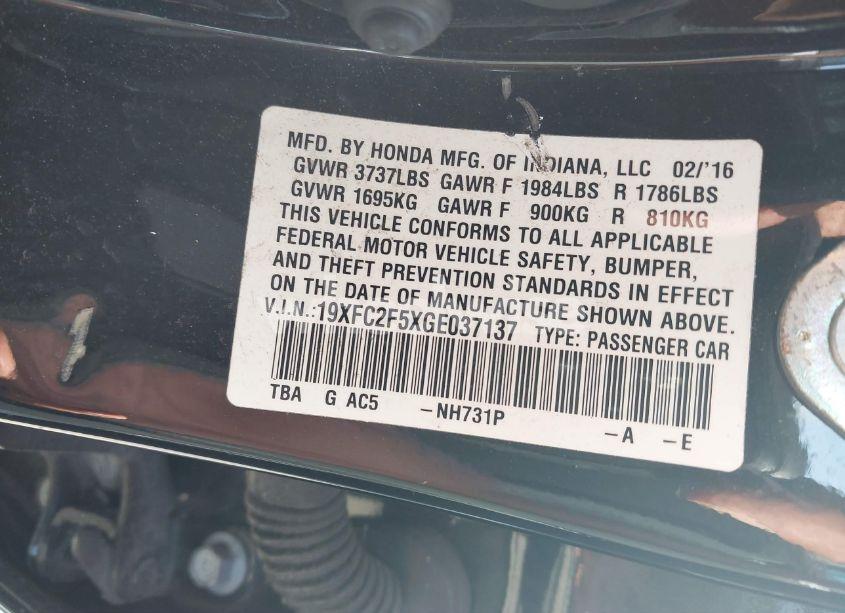 Photo 9 of 2016 Honda Civic LX (VIN 19XFC2F5XGE037137)