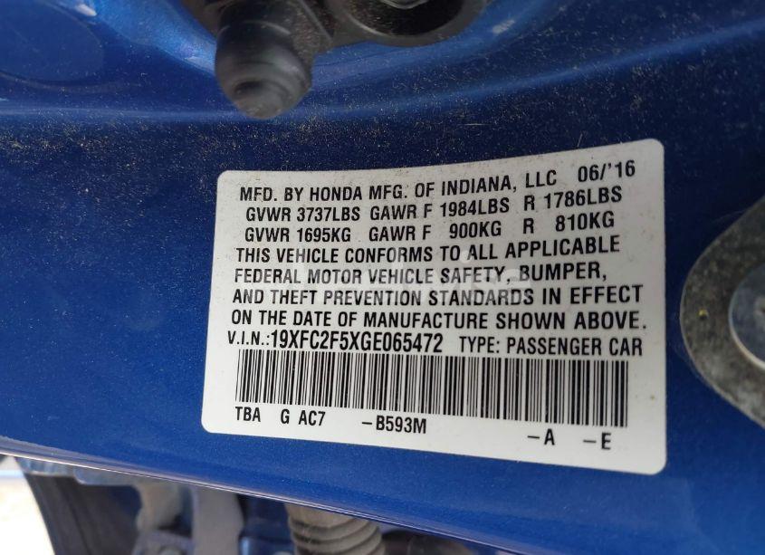 Photo 9 of 2016 Honda Civic LX (VIN 19XFC2F5XGE065472)