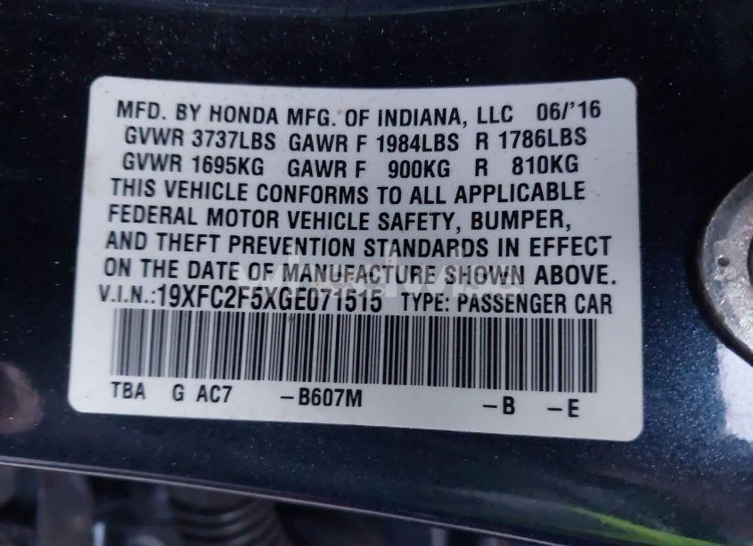 Photo 9 of 2016 Honda Civic LX (VIN 19XFC2F5XGE071515)