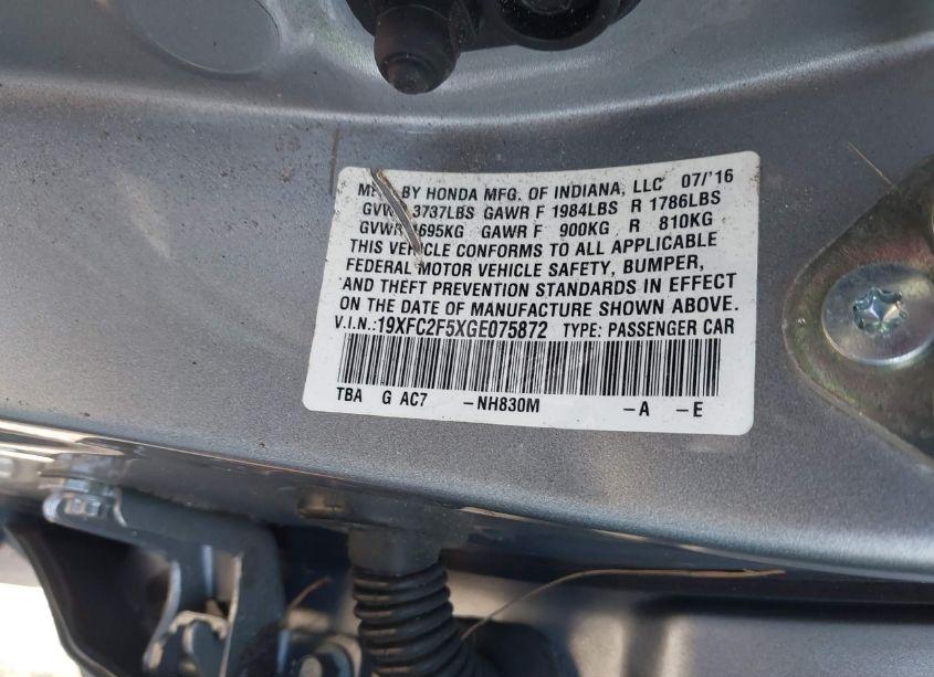 Photo 9 of 2016 Honda Civic LX (VIN 19XFC2F5XGE075872)