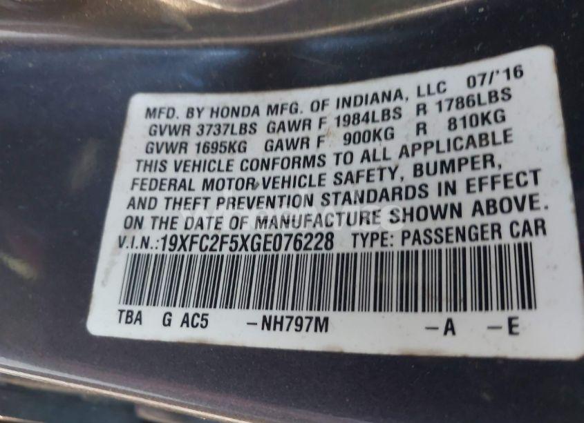 Photo 9 of 2016 Honda Civic LX (VIN 19XFC2F5XGE076228)