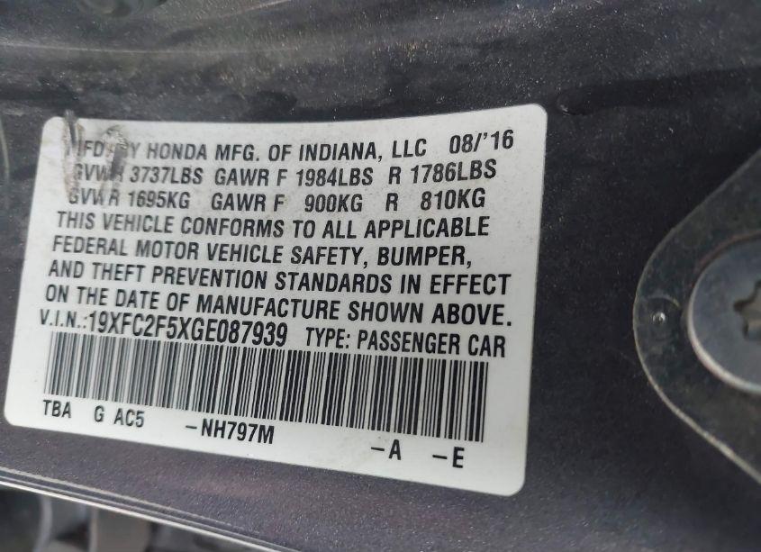 Photo 9 of 2016 Honda Civic LX (VIN 19XFC2F5XGE087939)