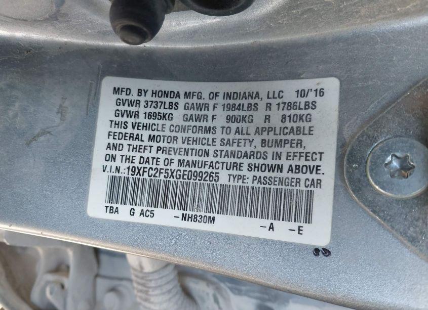 Photo 9 of 2016 Honda Civic LX (VIN 19XFC2F5XGE099265)