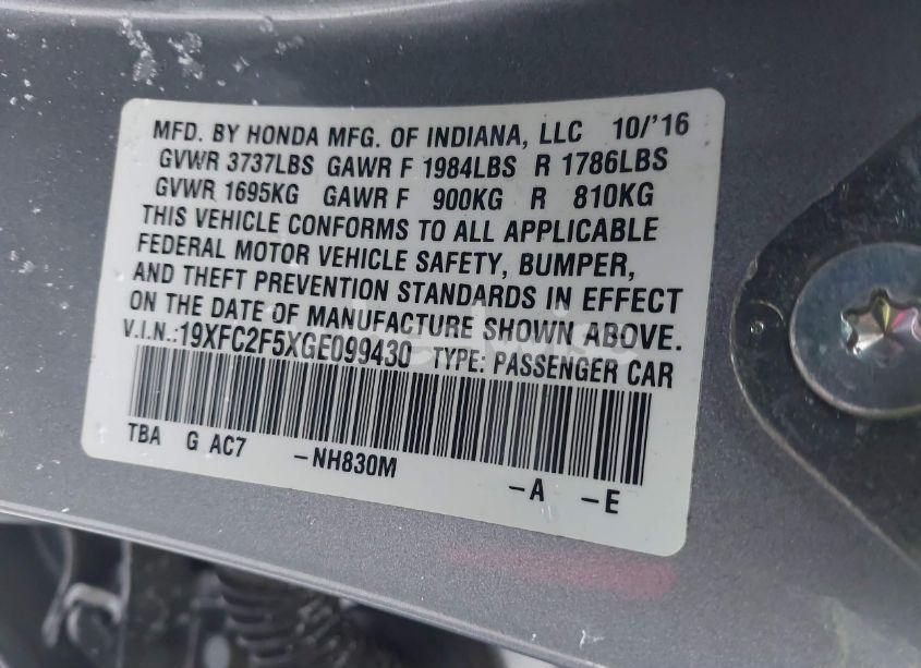 Photo 9 of 2016 Honda Civic LX (VIN 19XFC2F5XGE099430)