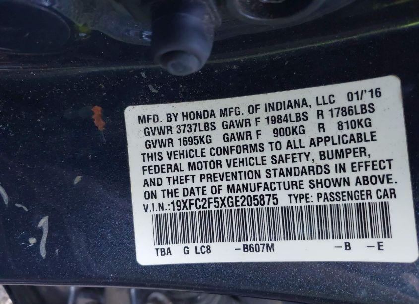 Photo 9 of 2016 Honda Civic LX (VIN 19XFC2F5XGE205875)