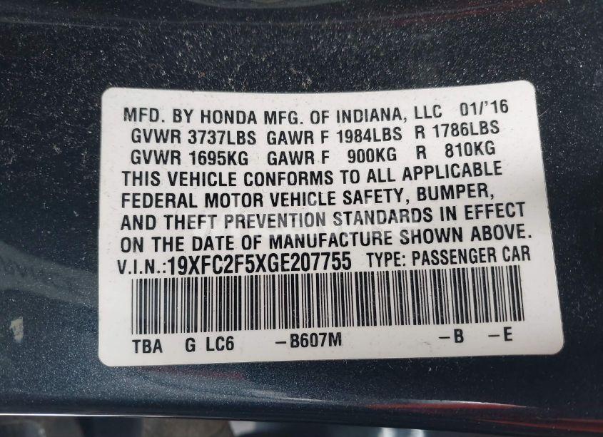 Photo 9 of 2016 Honda Civic LX (VIN 19XFC2F5XGE207755)