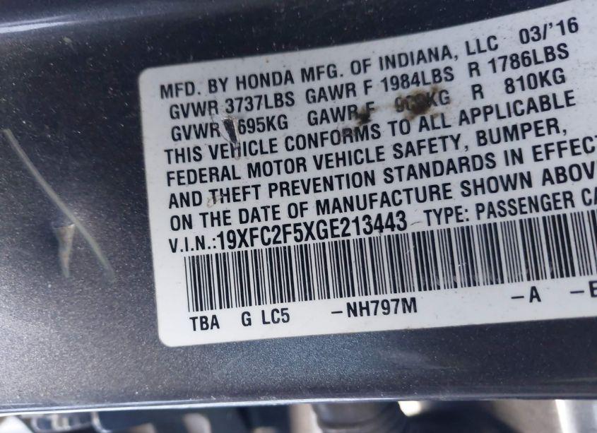 Photo 9 of 2016 Honda Civic LX (VIN 19XFC2F5XGE213443)