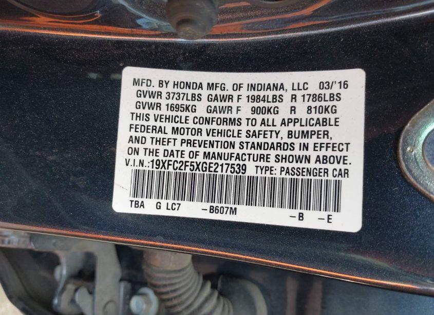 Photo 9 of 2016 Honda Civic LX (VIN 19XFC2F5XGE217539)
