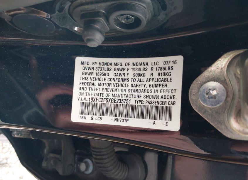 Photo 9 of 2016 Honda Civic LX (VIN 19XFC2F5XGE235751)