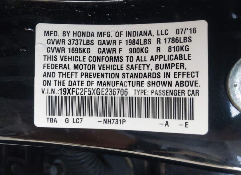 Photo 9 of 2016 Honda Civic LX (VIN 19XFC2F5XGE236706)