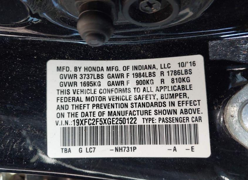 Photo 9 of 2016 Honda Civic LX (VIN 19XFC2F5XGE250122)