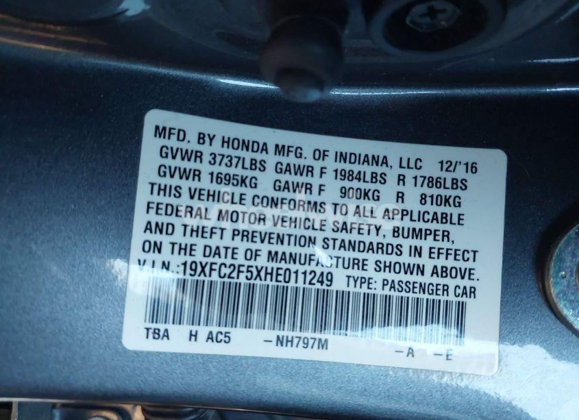 Photo 9 of 2017 Honda Civic LX (VIN 19XFC2F5XHE011249)