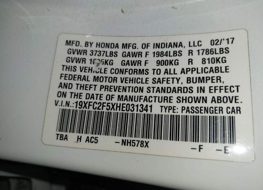 Photo 9 of 2017 Honda Civic LX (VIN 19XFC2F5XHE031341)