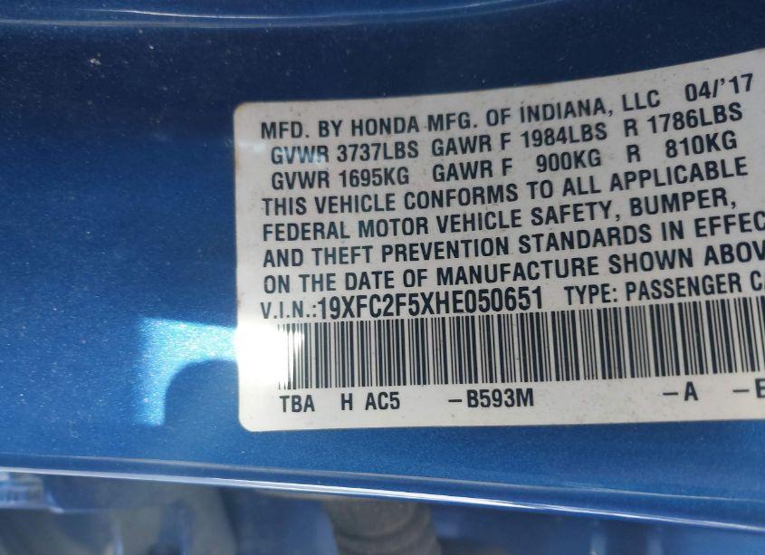 Photo 9 of 2017 Honda Civic LX (VIN 19XFC2F5XHE050651)