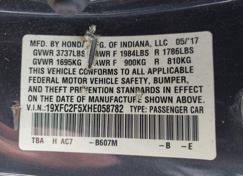 Photo 9 of 2017 Honda Civic LX (VIN 19XFC2F5XHE058782)