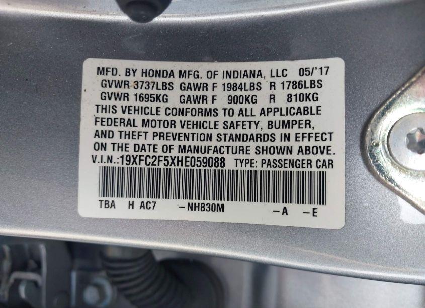 Photo 9 of 2017 Honda Civic LX (VIN 19XFC2F5XHE059088)
