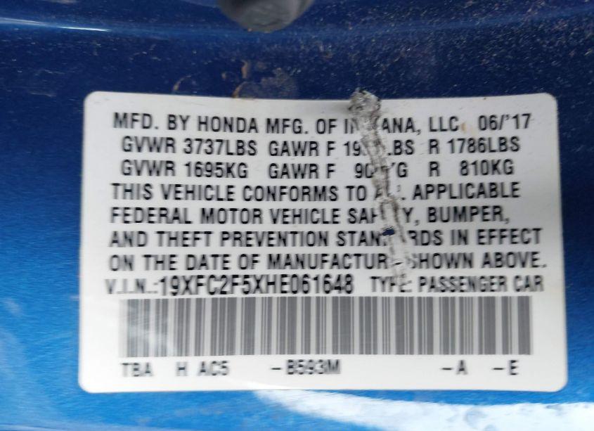 Photo 9 of 2017 Honda Civic LX (VIN 19XFC2F5XHE061648)