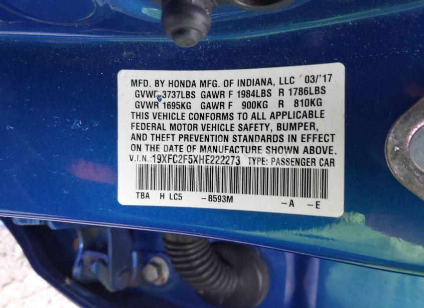 Photo 9 of 2017 Honda Civic LX (VIN 19XFC2F5XHE222273)