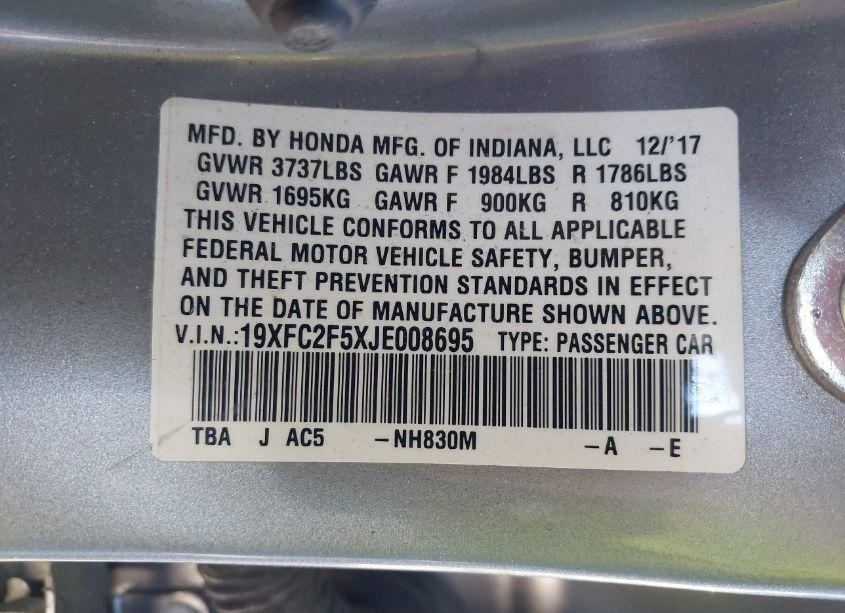 Photo 9 of 2018 Honda Civic LX (VIN 19XFC2F5XJE008695)