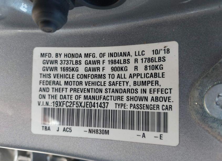 Photo 9 of 2018 Honda Civic LX (VIN 19XFC2F5XJE041437)