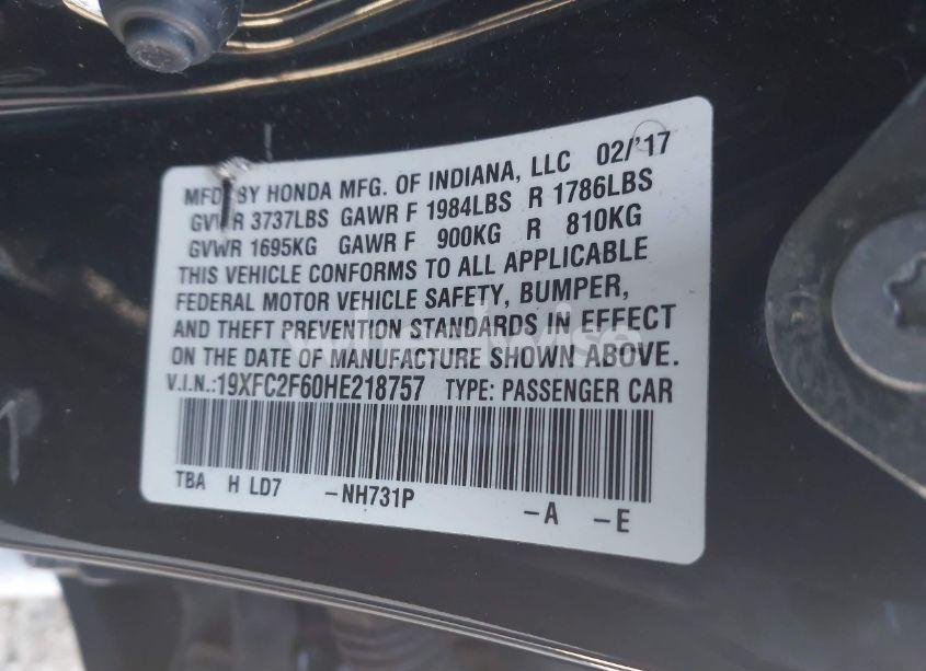 Photo 9 of 2017 Honda Civic LX (VIN 19XFC2F60HE218757)