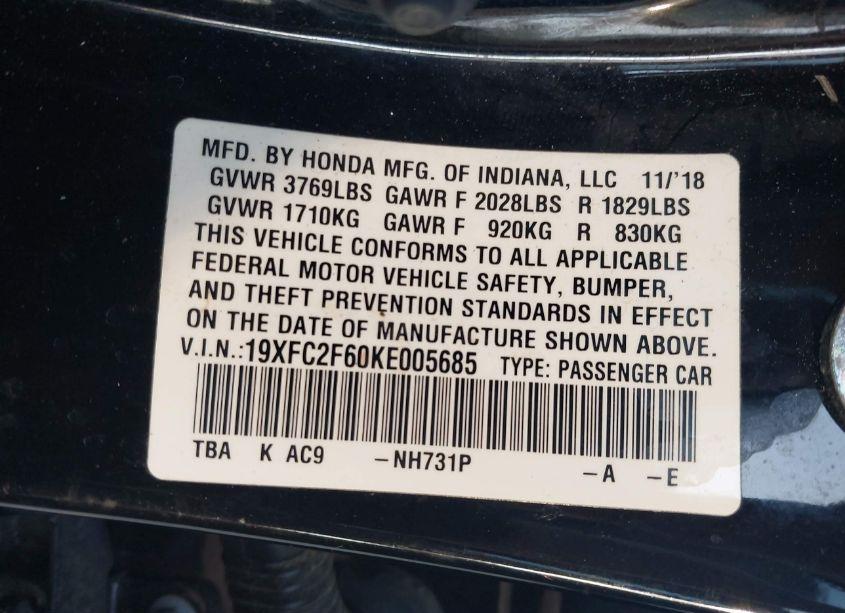 Photo 9 of 2019 Honda Civic LX (VIN 19XFC2F60KE005685)