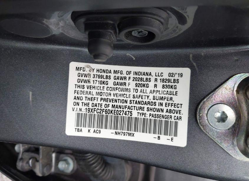 Photo 9 of 2019 Honda Civic LX (VIN 19XFC2F60KE027475)