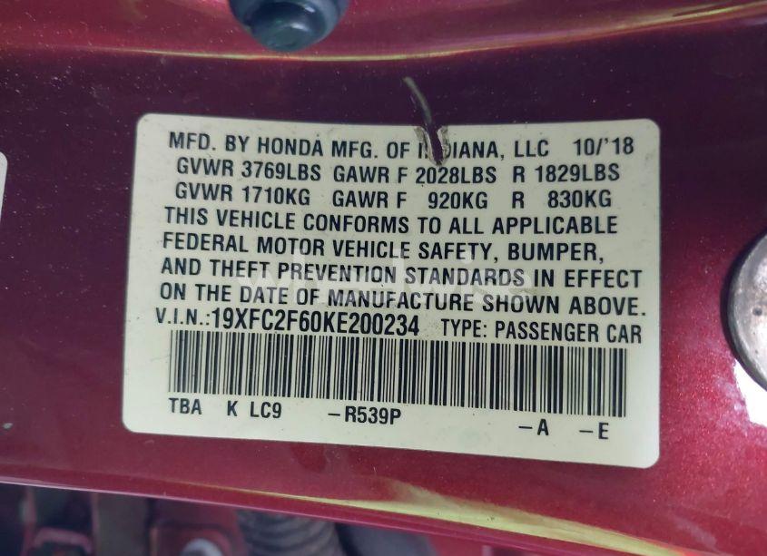 Photo 9 of 2019 Honda Civic LX (VIN 19XFC2F60KE200234)