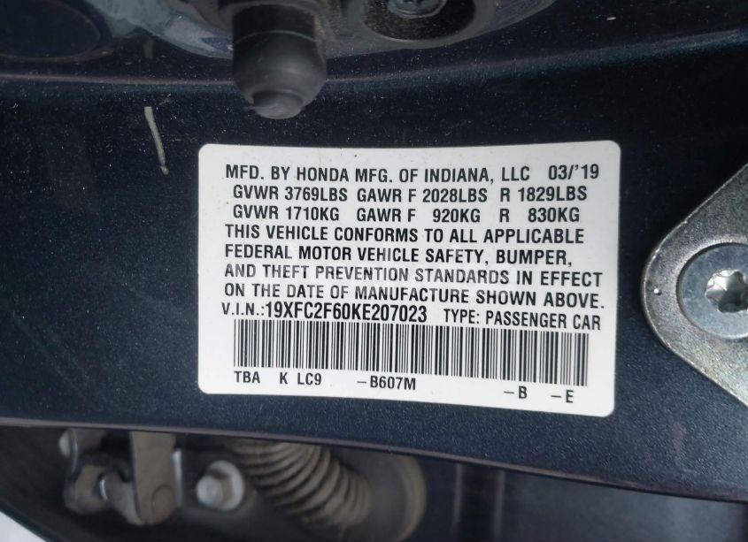 Photo 9 of 2019 Honda Civic LX (VIN 19XFC2F60KE207023)