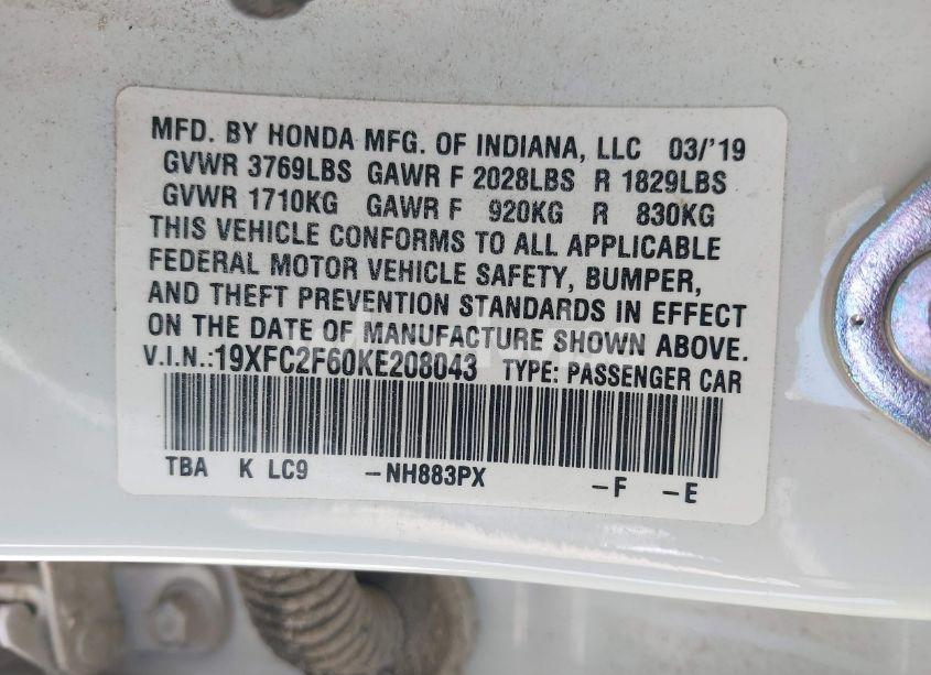 Photo 9 of 2019 Honda Civic LX (VIN 19XFC2F60KE208043)
