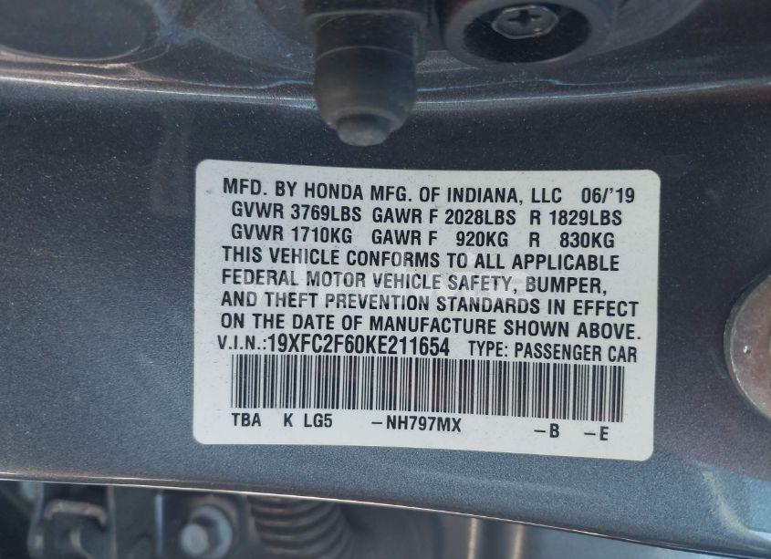 Photo 9 of 2019 Honda Civic LX (VIN 19XFC2F60KE211654)