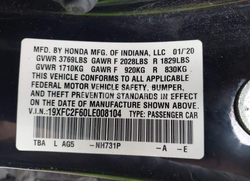 Photo 9 of 2020 Honda Civic LX (VIN 19XFC2F60LE008104)