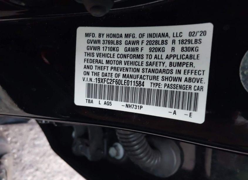 Photo 9 of 2020 Honda Civic LX (VIN 19XFC2F60LE011584)