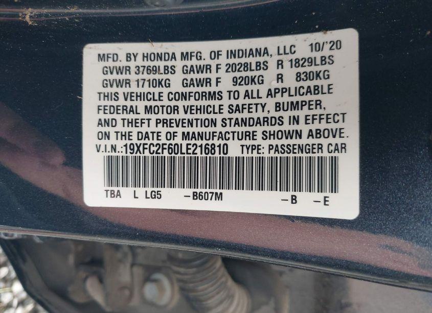 Photo 9 of 2020 Honda Civic LX (VIN 19XFC2F60LE216810)