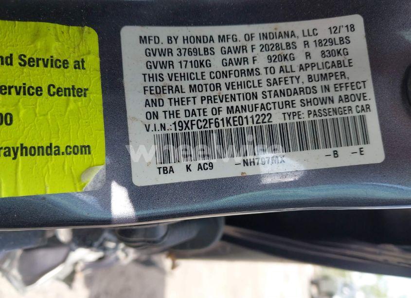 Photo 9 of 2019 Honda Civic LX (VIN 19XFC2F61KE011222)