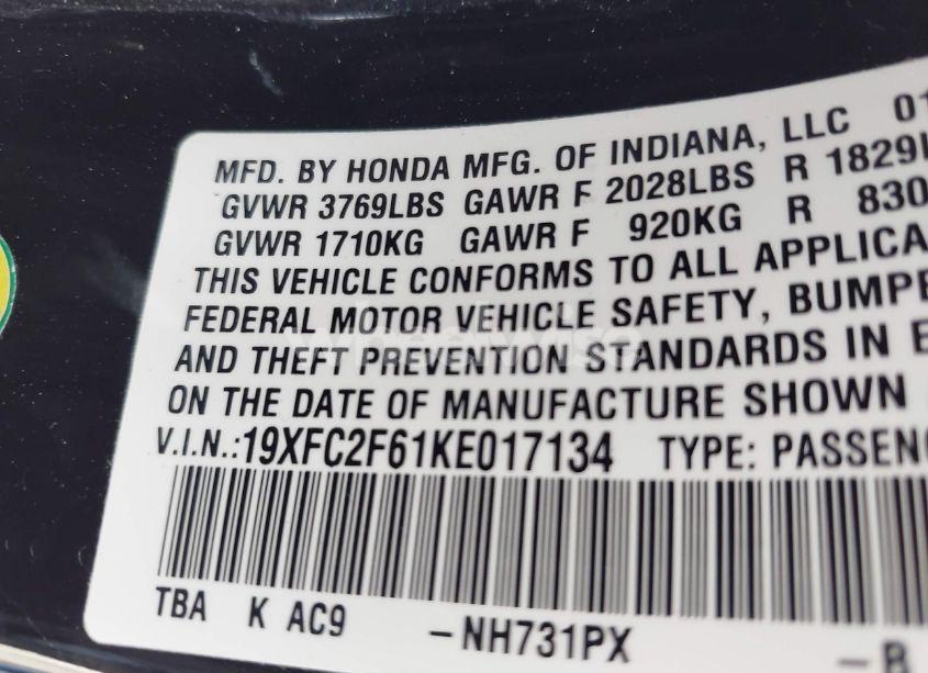 Photo 9 of 2019 Honda Civic LX (VIN 19XFC2F61KE017134)