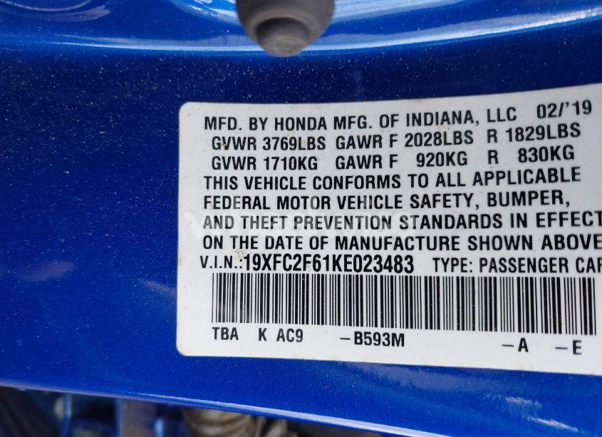 Photo 9 of 2019 Honda Civic LX (VIN 19XFC2F61KE023483)