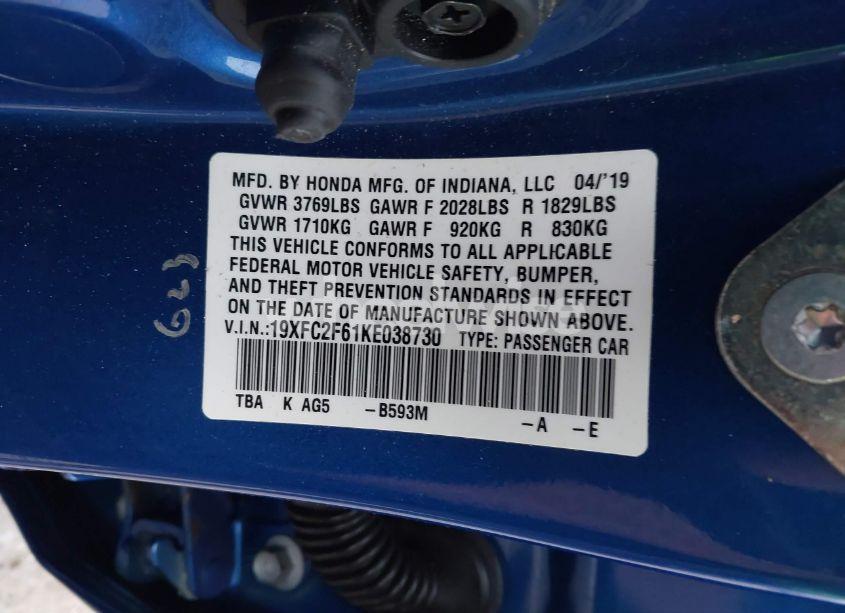 Photo 9 of 2019 Honda Civic LX (VIN 19XFC2F61KE038730)